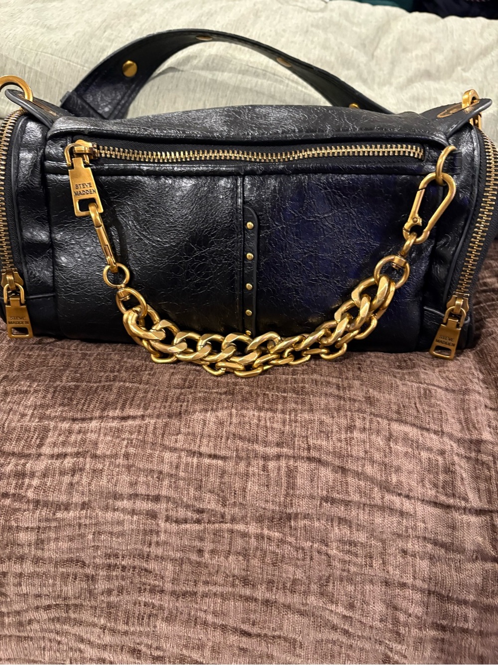 Steve Madden Black Leather Barrel Shoulder Bag with Gold Chain Accents